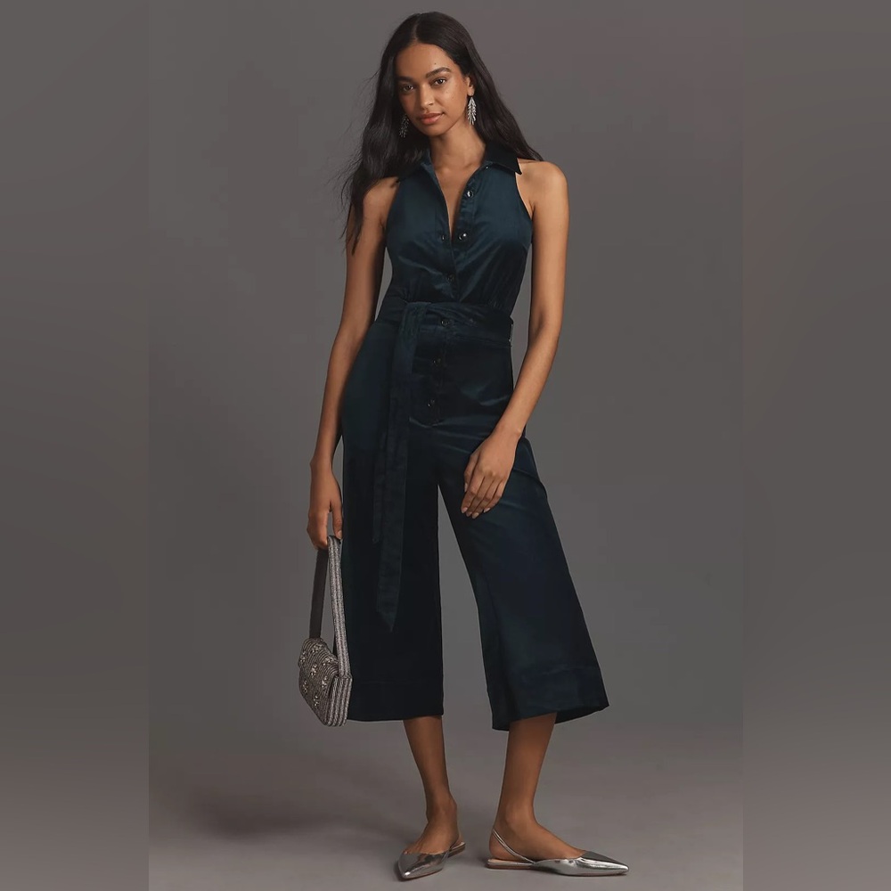 Anthropologie | MAEVE VELVET HALTER CROP JUMPSUIT | Size 10 | NWT